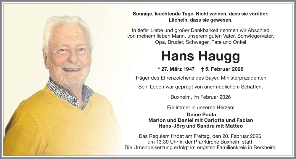 Traueranzeige von Hans Haugg von Memminger Zeitung