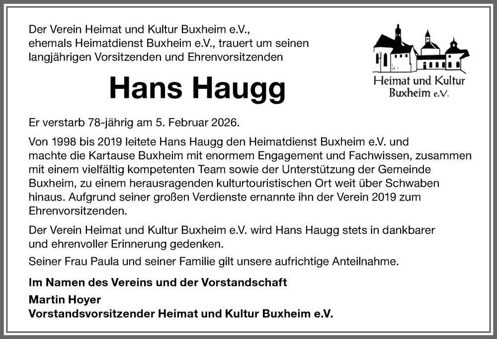 Traueranzeige von Hans Haugg von Memminger Zeitung