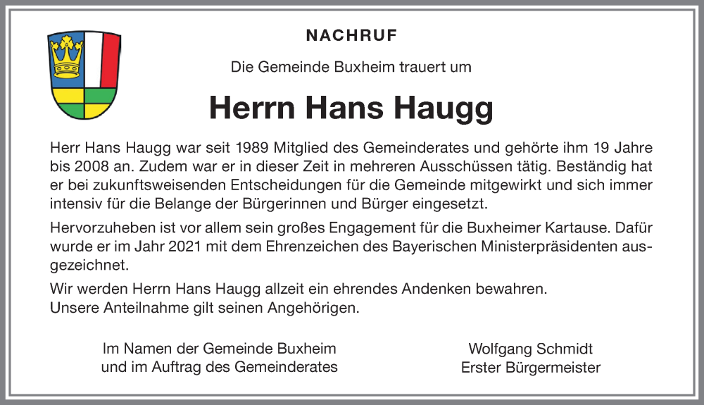 Traueranzeige von Hans Haugg von Memminger Zeitung
