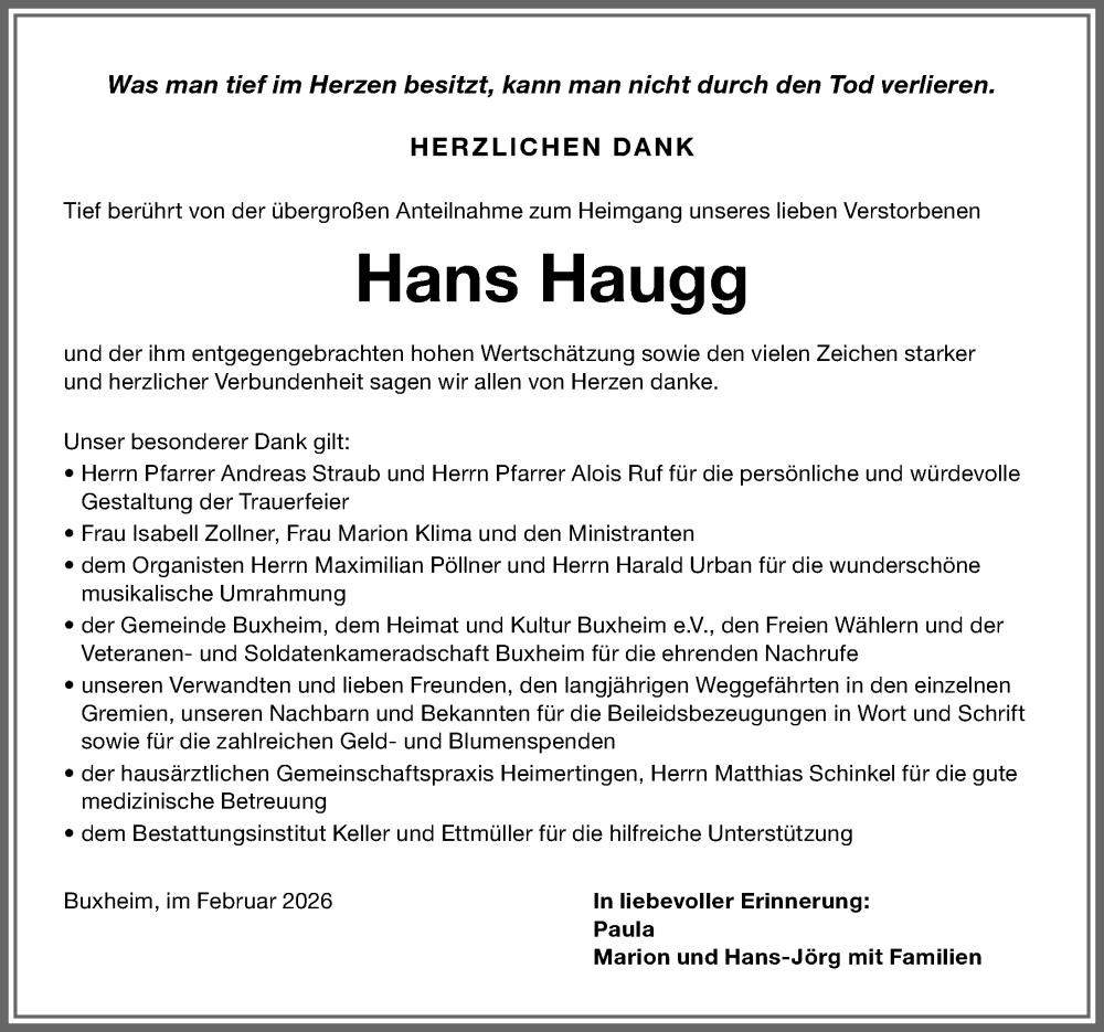 Traueranzeige von Hans Haugg von Memminger Zeitung