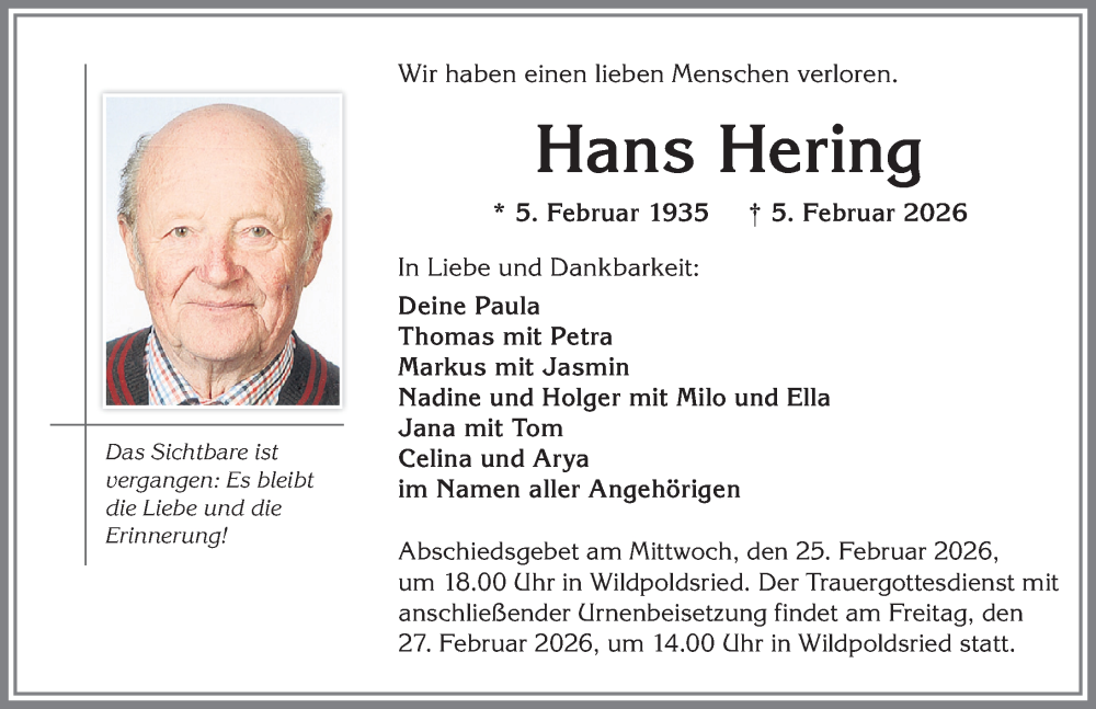 Traueranzeige von Hans Hering von Allgäuer Zeitung,Kempten