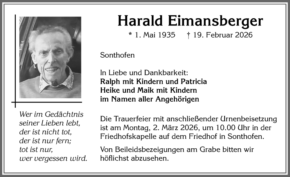 Traueranzeige von Harald Eimansberger von Allgäuer Anzeigeblatt