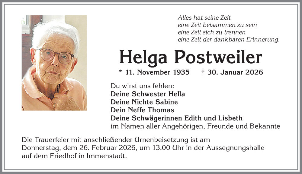 Traueranzeige von Helga Postweiler von Allgäuer Anzeigeblatt