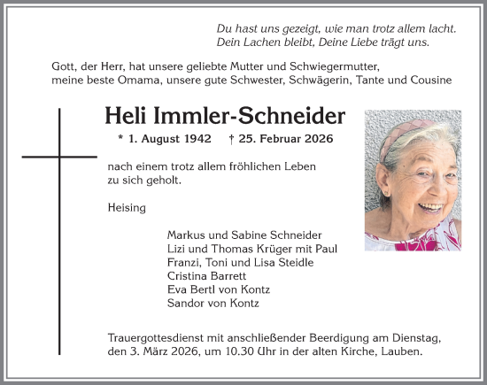 Traueranzeige von Heli Immler-Schneider von Allgäuer Zeitung,Kempten