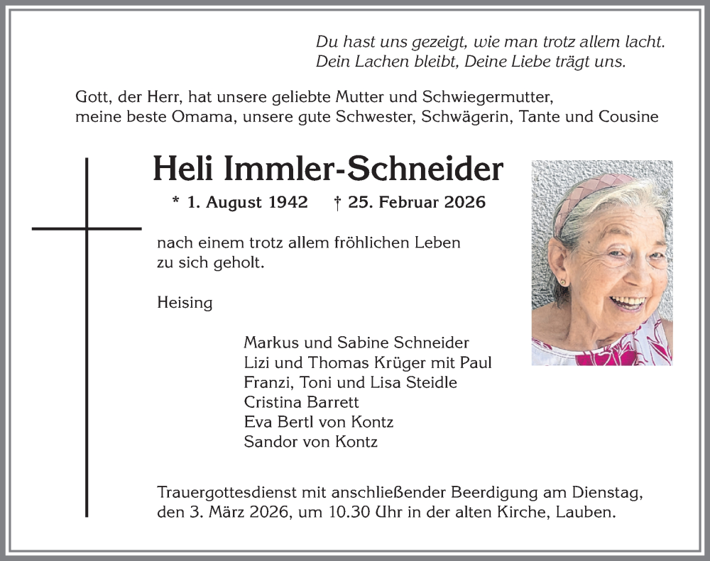 Traueranzeige von Heli Immler-Schneider von Allgäuer Zeitung,Kempten