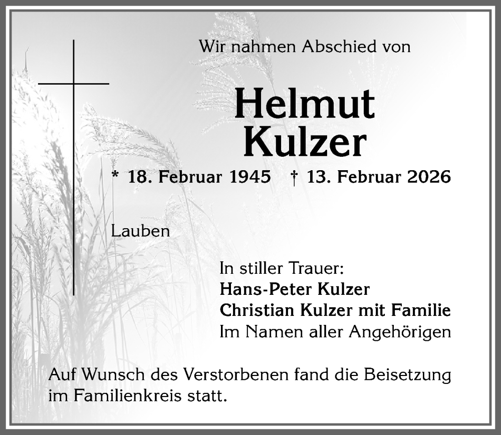 Traueranzeige von Helmut Kulzer von Allgäuer Zeitung,Kempten