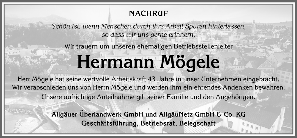Traueranzeige von Hermann Mögele von Allgäuer Zeitung,Kempten