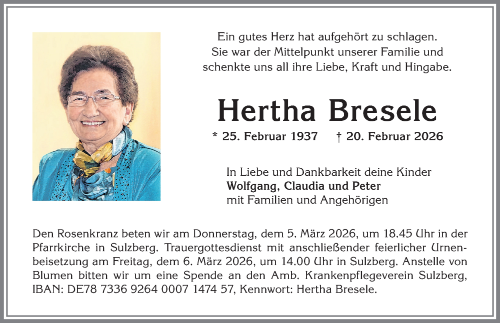 Traueranzeige von Hertha Bresele von Allgäuer Zeitung,Kempten