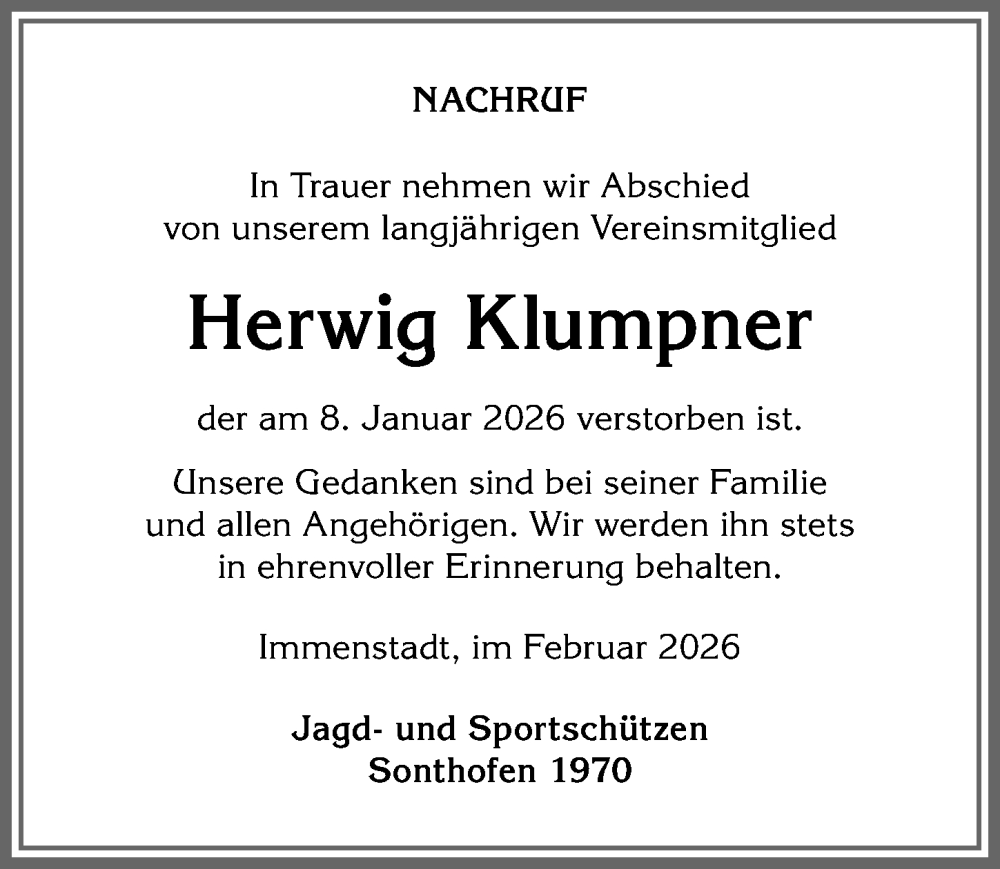 Traueranzeige von Herwig Klumpner von Allgäuer Anzeigeblatt