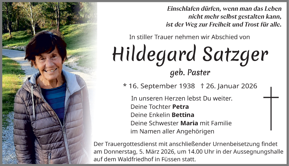 Traueranzeige von Hildegard Satzger von Allgäuer Zeitung, Füssen