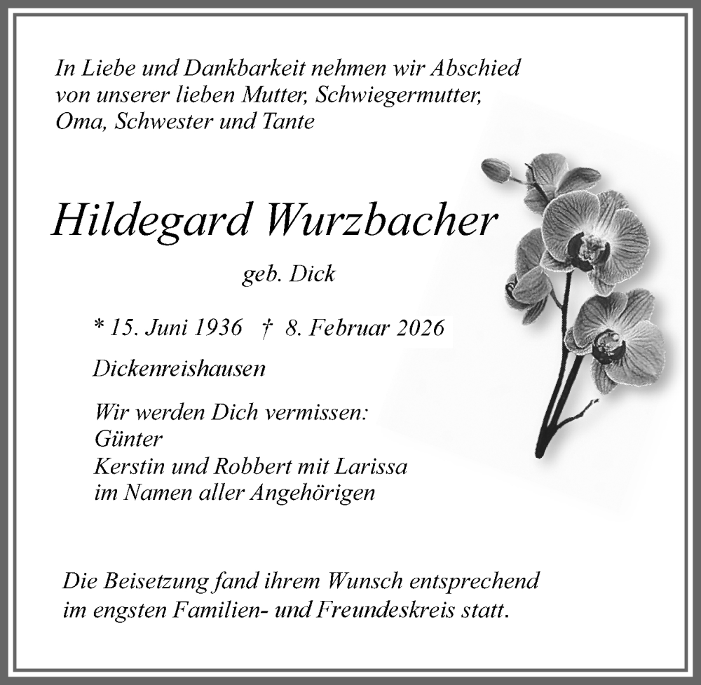 Traueranzeige von Hildegard Wurzbacher von Memminger Zeitung