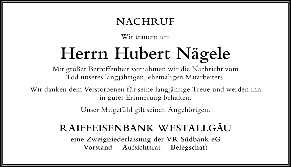 Traueranzeige von Hubert Nägele von Der Westallgäuer