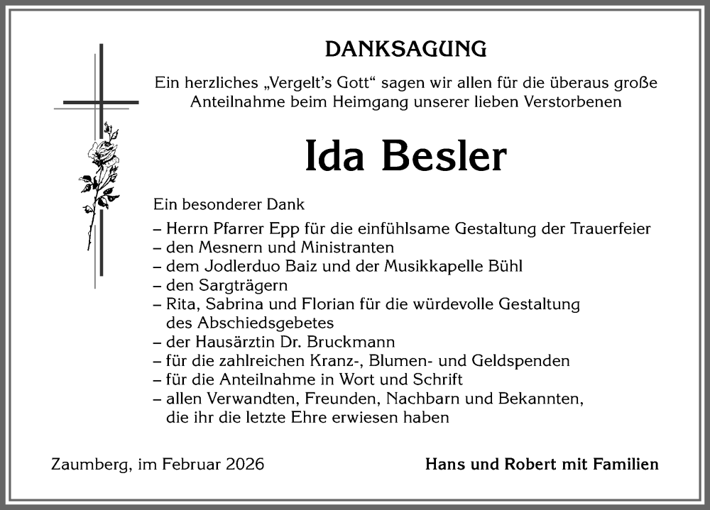 Traueranzeige von Ida Besler von Allgäuer Anzeigeblatt