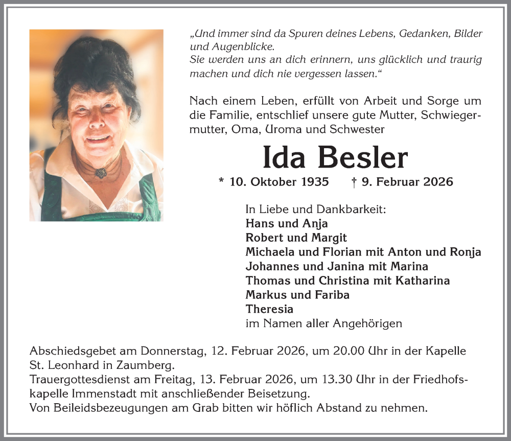 Traueranzeige von Ida Besler von Allgäuer Anzeigeblatt