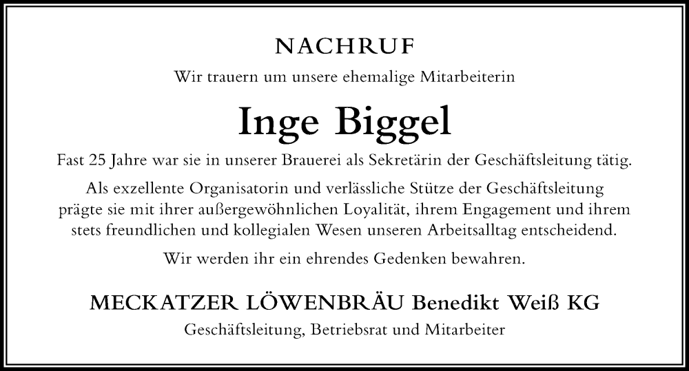 Traueranzeige von Inge Biggel von Der Westallgäuer