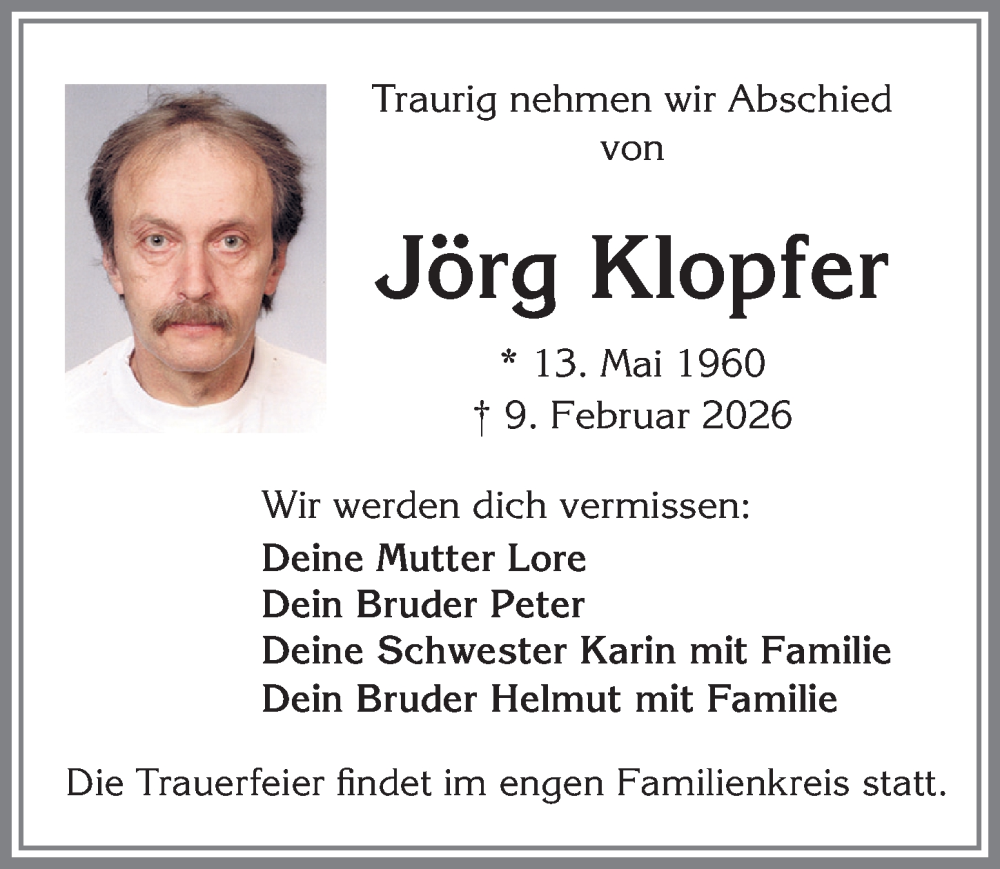 Traueranzeige von Jörg Klopfer von Allgäuer Zeitung,Kempten