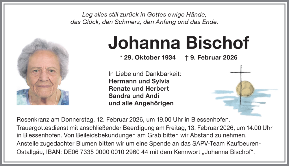 Traueranzeige von Johanna Bischof von Allgäuer Zeitung, Marktoberdorf