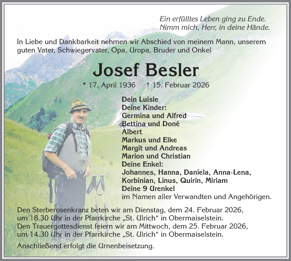 Traueranzeige von Josef Besler von Allgäuer Anzeigeblatt