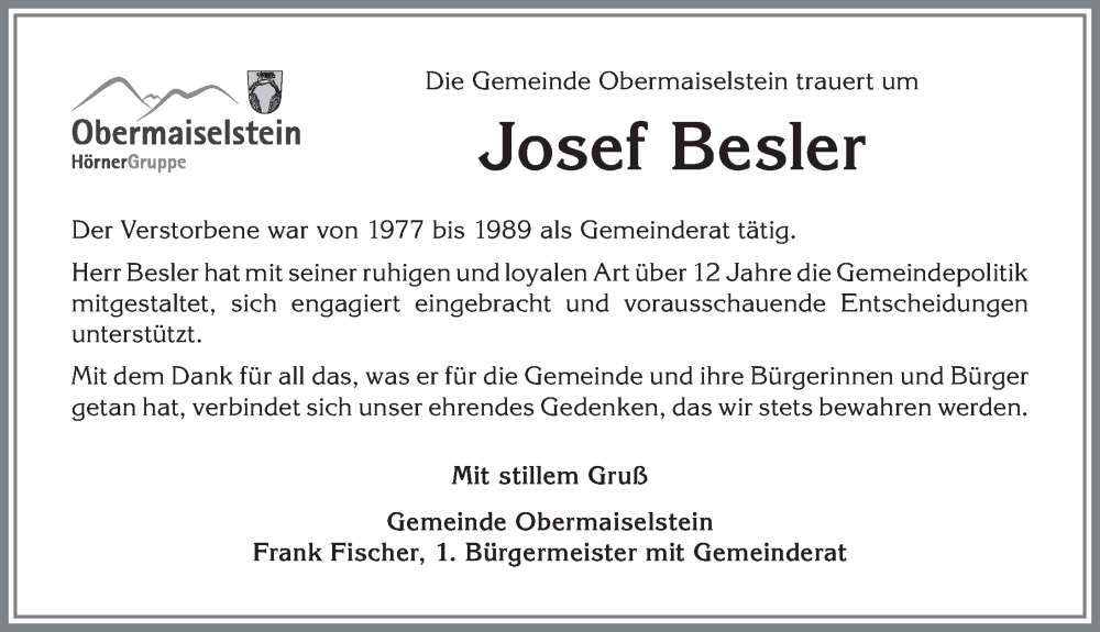 Traueranzeige von Josef Besler von Allgäuer Anzeigeblatt