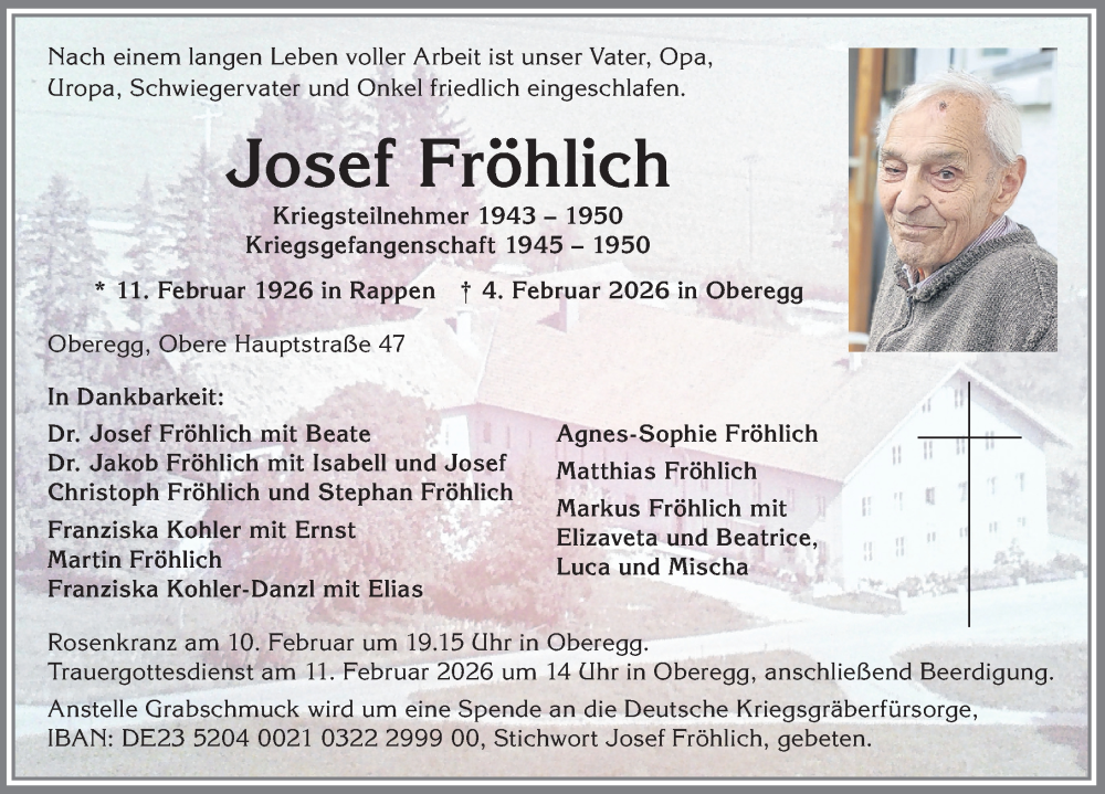 Traueranzeige von Josef Fröhlich von Augsburger Allgemeine, Mindelheimer Zeitung
