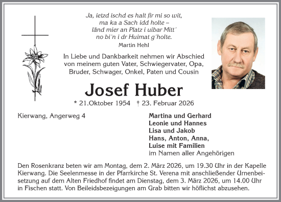 Traueranzeige von Josef Huber von Allgäuer Anzeigeblatt