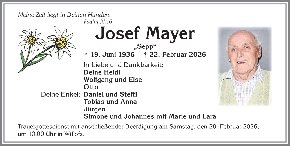 Traueranzeige von Josef Mayer von Allgäuer Zeitung, Marktoberdorf