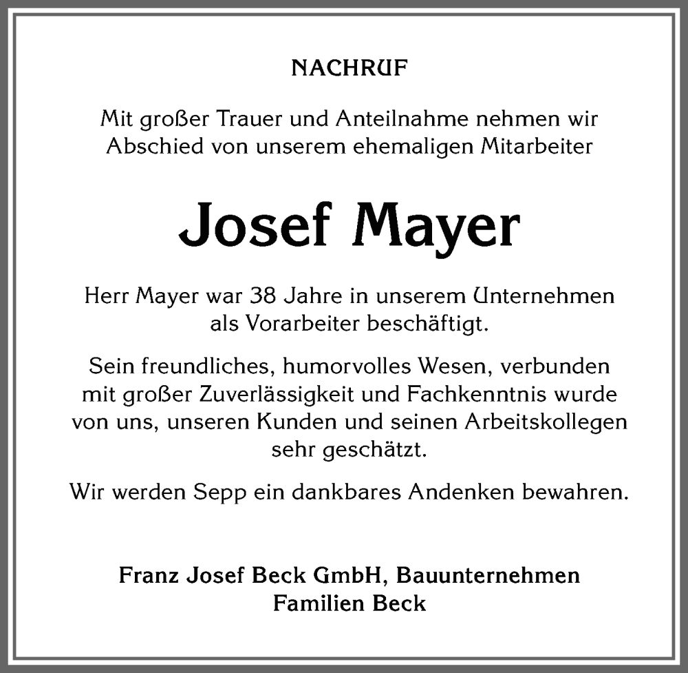 Traueranzeige von Josef Mayer von Allgäuer Zeitung, Marktoberdorf