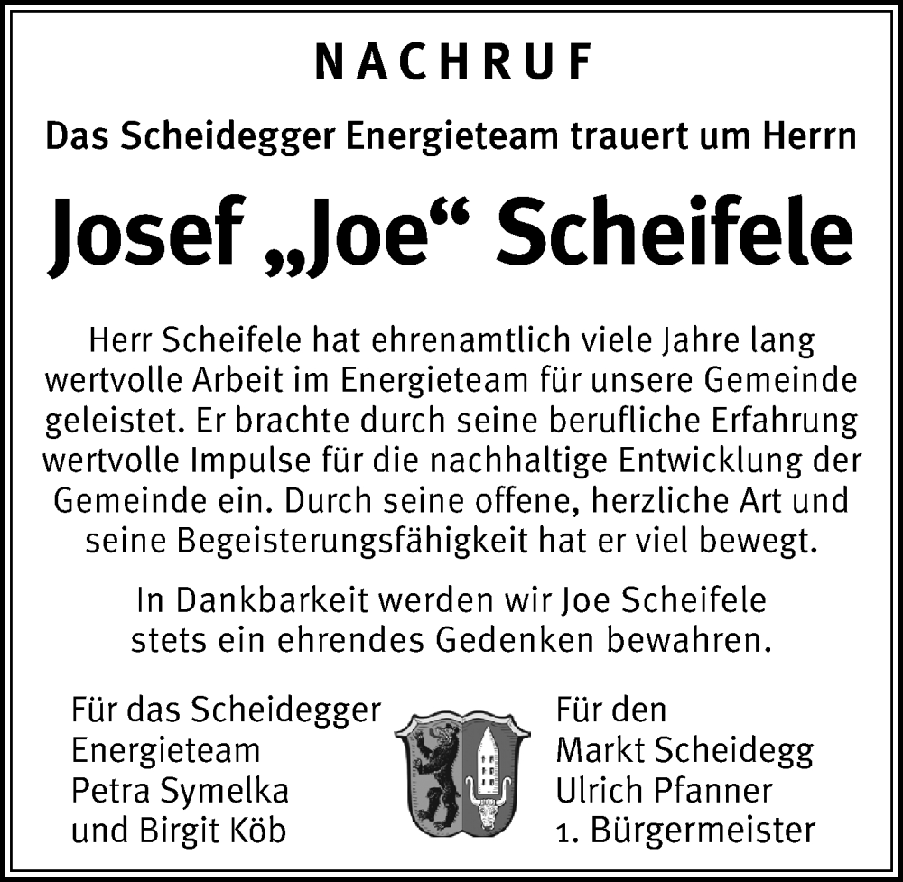 Traueranzeige von Josef Scheifele von Der Westallgäuer