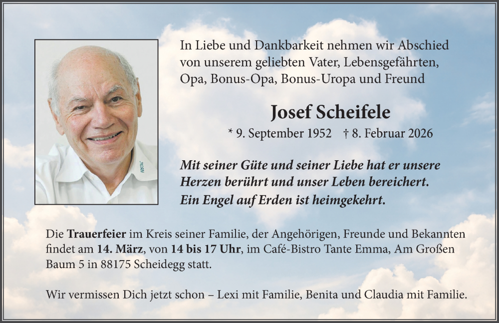 Traueranzeige von Josef Scheifele von Der Westallgäuer
