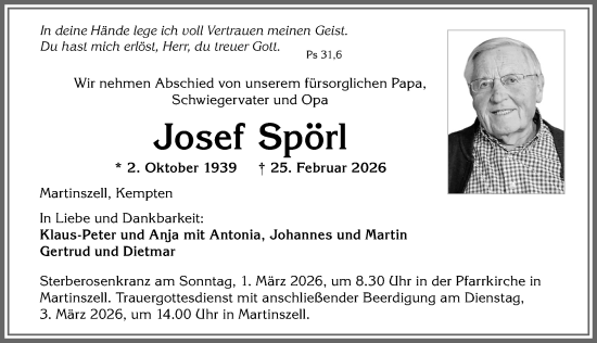 Traueranzeige von Josef Spörl von Allgäuer Zeitung,Kempten