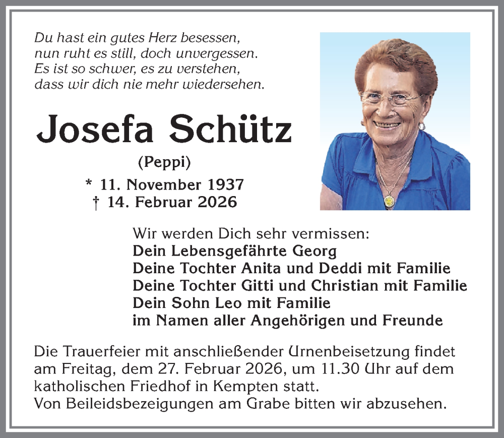 Traueranzeige von Josefa Schütz von Allgäuer Zeitung,Kempten