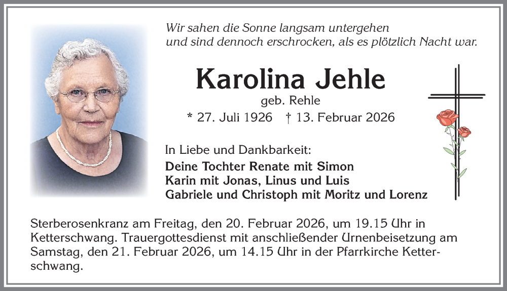 Traueranzeige von Karolina Jehle von Allgäuer Zeitung, Kaufbeuren/Buchloe
