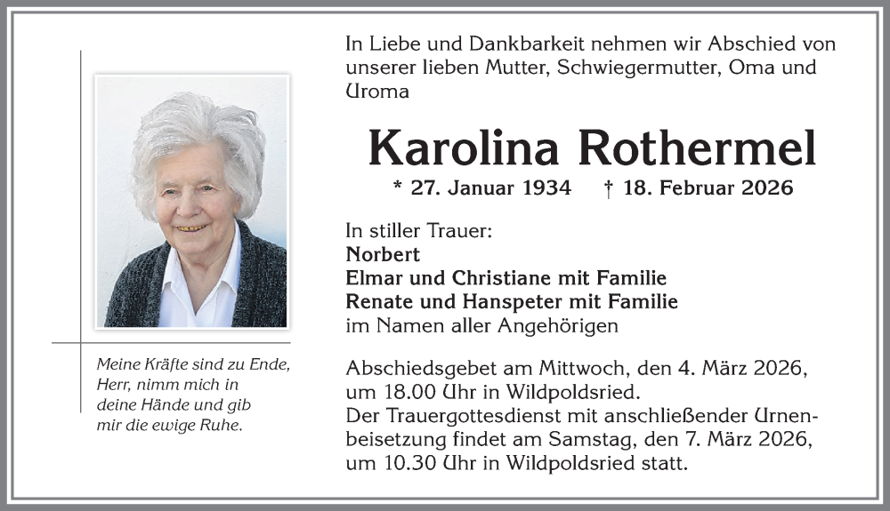 Traueranzeige von Karolina Rothermel von Allgäuer Zeitung,Kempten