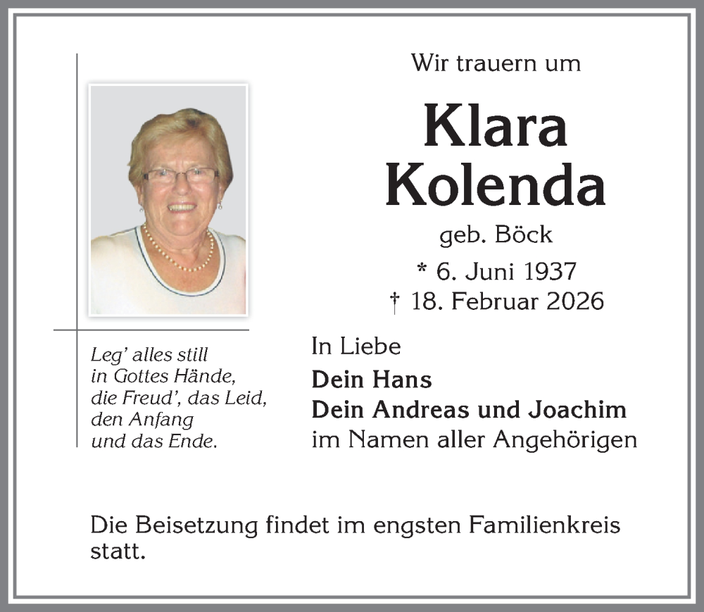 Traueranzeige von Klara Kolenda von Allgäuer Zeitung,Kempten