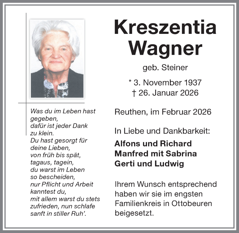 Traueranzeige von Kreszentia Wagner von Memminger Zeitung