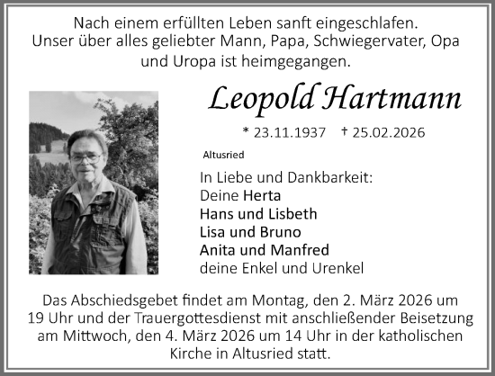 Traueranzeige von Leopold Hartmann von Allgäuer Zeitung,Kempten