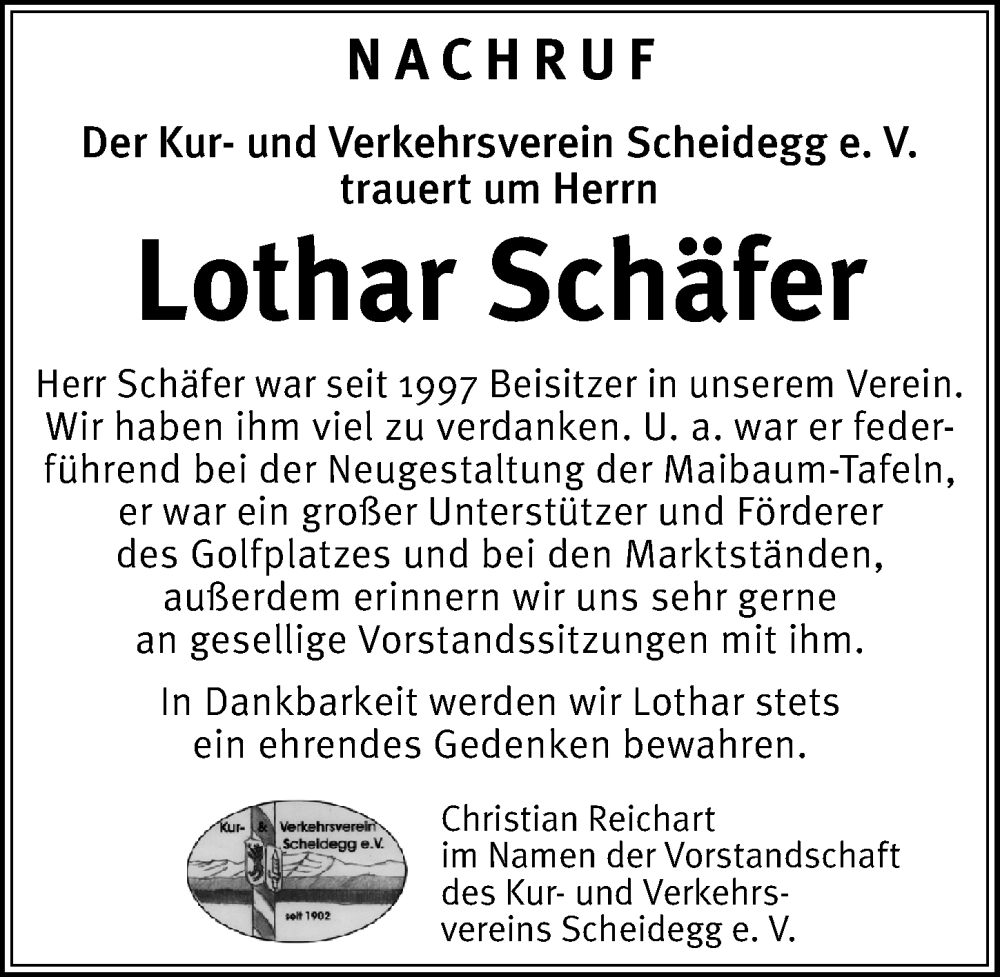 Traueranzeige von Lothar Schäfer von Der Westallgäuer