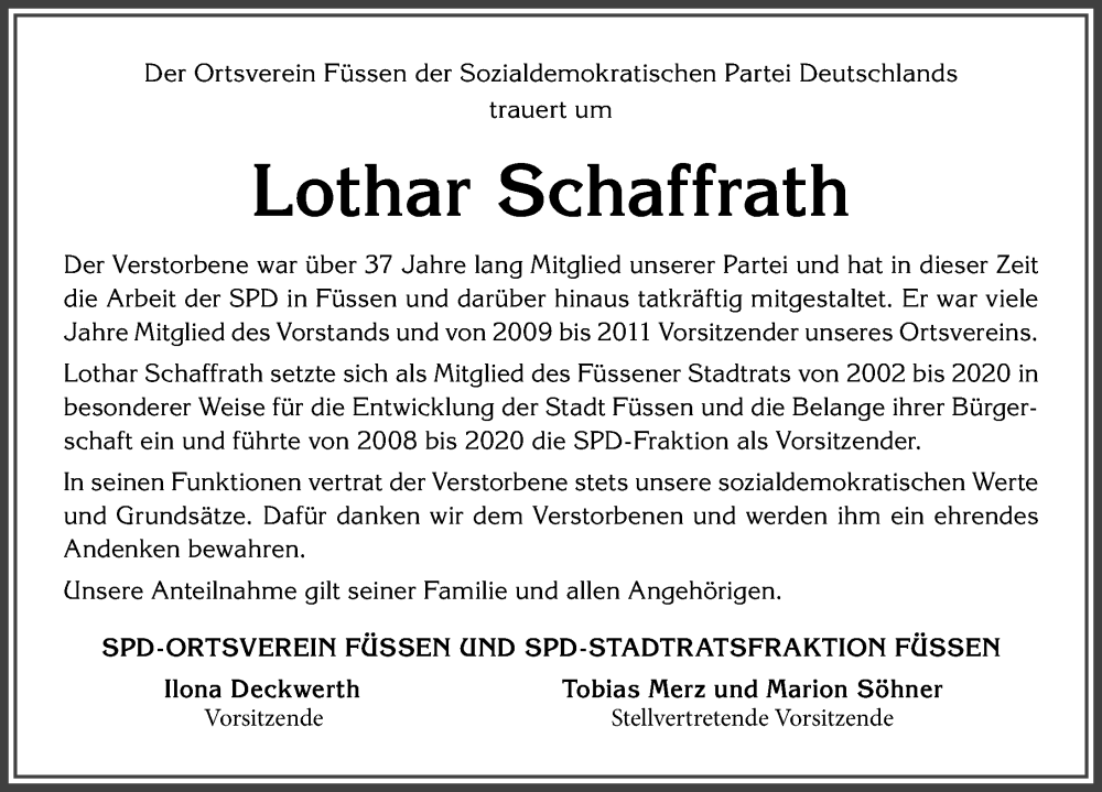 Traueranzeige von Lothar Schaffrath von Allgäuer Zeitung, Füssen