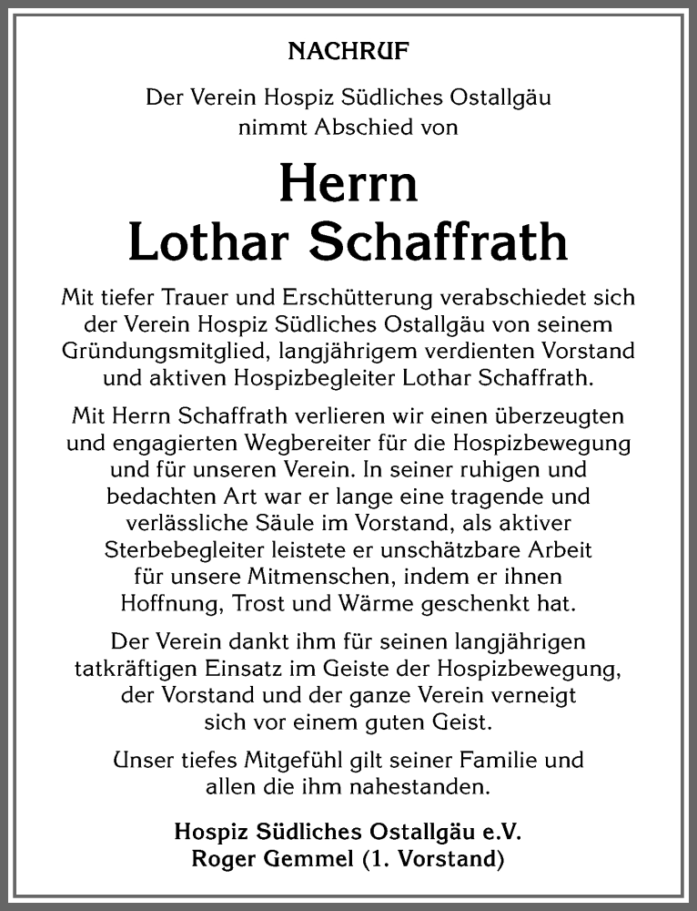 Traueranzeige von Lothar Schaffrath von Allgäuer Zeitung, Füssen