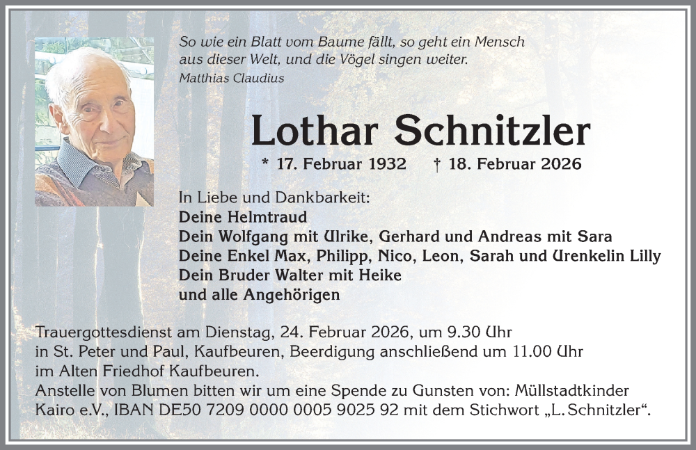 Traueranzeige von Lothar Schnitzler von Allgäuer Zeitung, Kaufbeuren/Buchloe