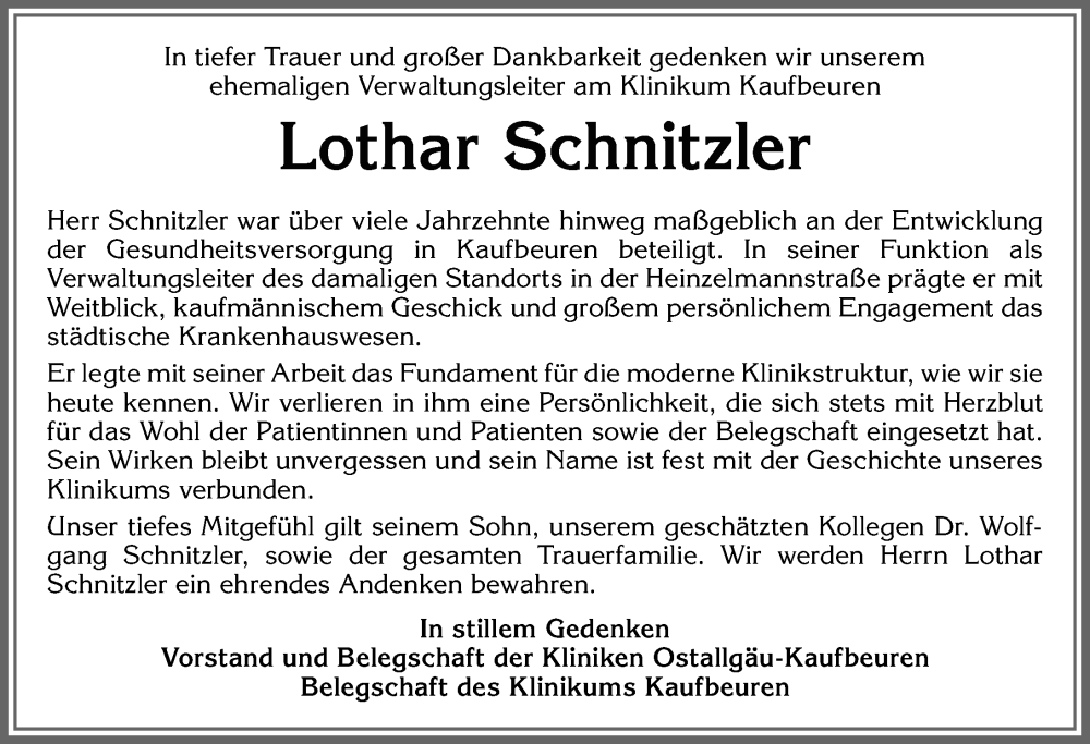 Traueranzeige von Lothar Schnitzler von Allgäuer Zeitung, Kaufbeuren/Buchloe
