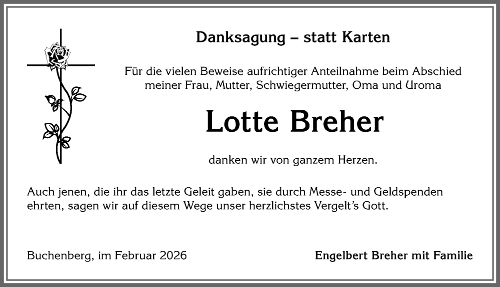 Traueranzeige von Lotte Breher von Allgäuer Zeitung,Kempten