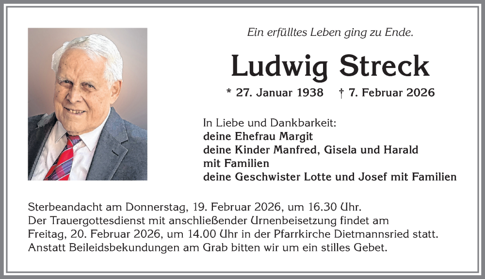 Traueranzeige von Ludwig Streck von Allgäuer Zeitung,Kempten