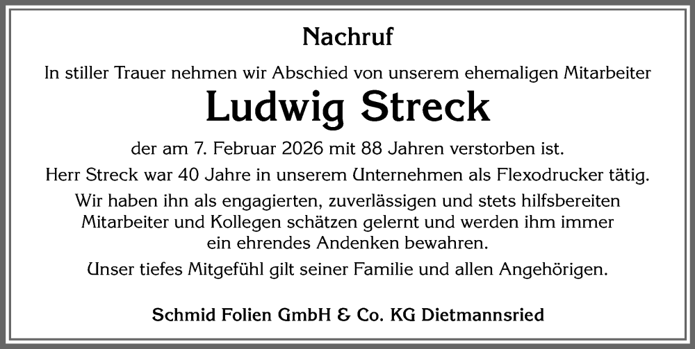 Traueranzeige von Ludwig Streck von Allgäuer Zeitung,Kempten