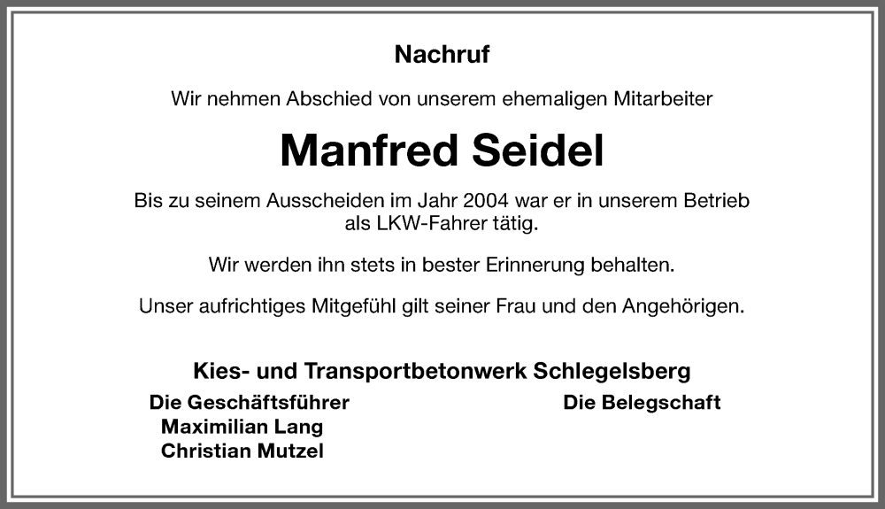 Traueranzeige von Manfred Seidel von Memminger Zeitung