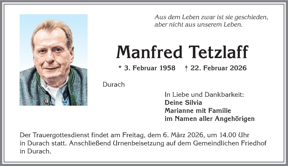 Traueranzeige von Manfred Tetzlaff von Allgäuer Zeitung,Kempten