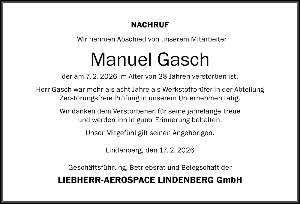 Traueranzeige von Manuel Gasch von Der Westallgäuer