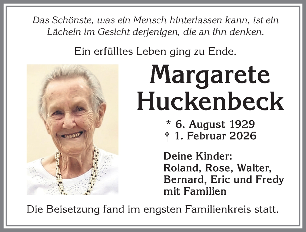 Traueranzeige von Margarete Huckenbeck von Allgäuer Zeitung,Kempten