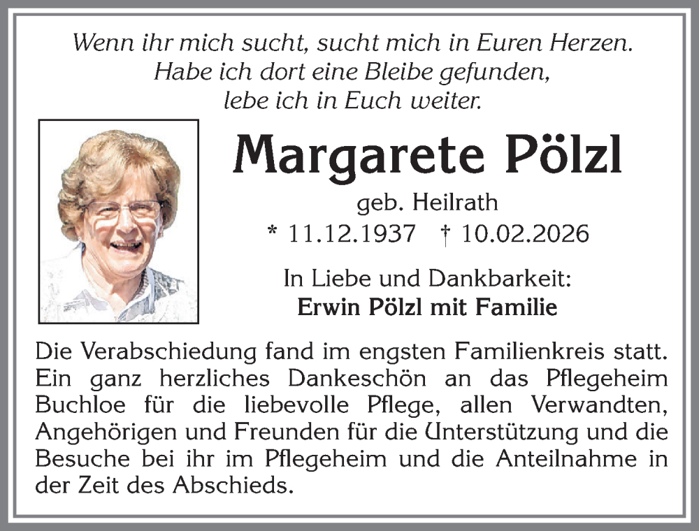 Traueranzeige von Margarete Pölzl von Allgäuer Zeitung, Kaufbeuren/Buchloe