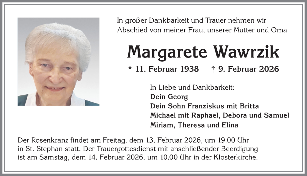 Traueranzeige von Margarete Wawrzik von Allgäuer Zeitung, Kaufbeuren/Buchloe